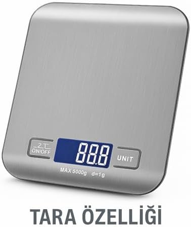 Dijital Mutfak Terazisi – 5000 g / 1 g Hassasiyetli Paslanmaz Çelik Tartı, LCD Ekranlı, Akıllı Otomatik Kapanma Özelliği, Gram, Ons ve Mililitre Ölçer