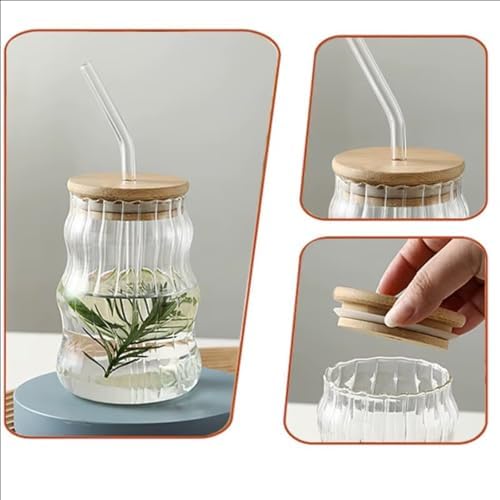 500ml Bambu Kapaklı Cam Bardak, Cam Pipetli Silikon Kapak Contalı Desenli Soğuk İçecekler Kahve Meyve Suları ve Çayları için Şık Ergonamik Tasarım