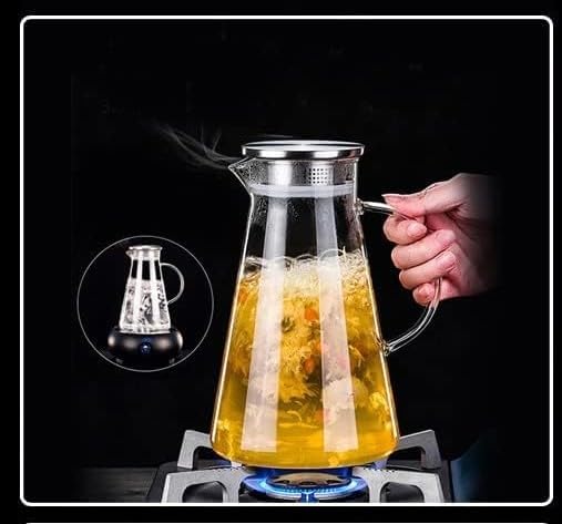 1,8Lt Borosilikat Ateşe Dayanıklı Metal Kapaklı Cam Konik Sürahi