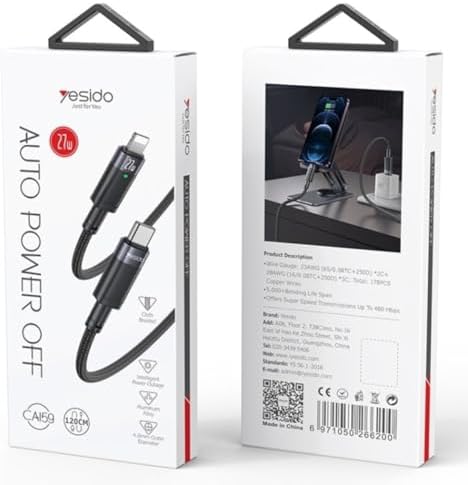 27W Type-C to Lightning Otomatik Şarj Kesme Özellikli PD Hızlı Şarj Kablosu, 1.2 Metre