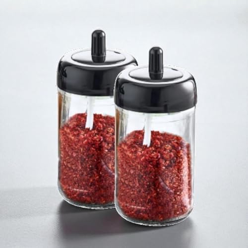 2'li Cam Baharatlık Seti, Kendinden Kaşıklı, Kaşıklı Kapak, 300ml, 2 Adet, 14cm Yükseklik