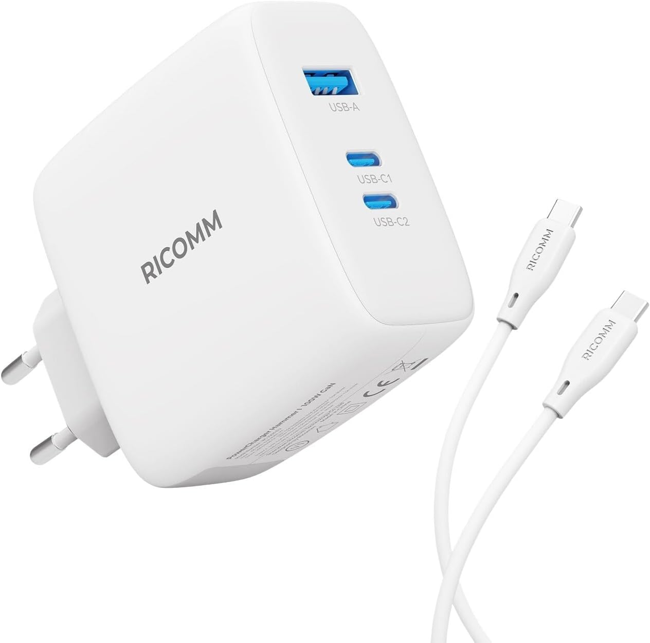 100W GaN 3 Portlu USB-C + USB-A Şarj Aleti QC5.0 PD, iPad,,, Notebook, Uyumlu Hızlı Şarj Cihazı + 100W Type-C Şarj Kablosu 2 Metre