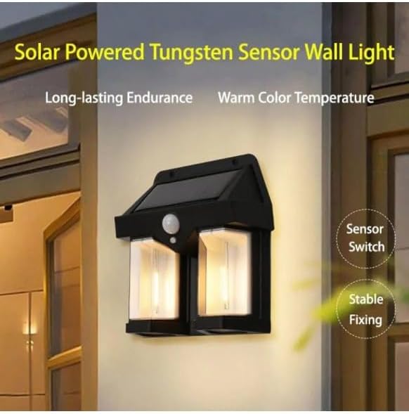 WellHise 618-2 Rustik Ampul İkili Solar Duvar Aplik Güneş Enerjili Hareket Sensörlü