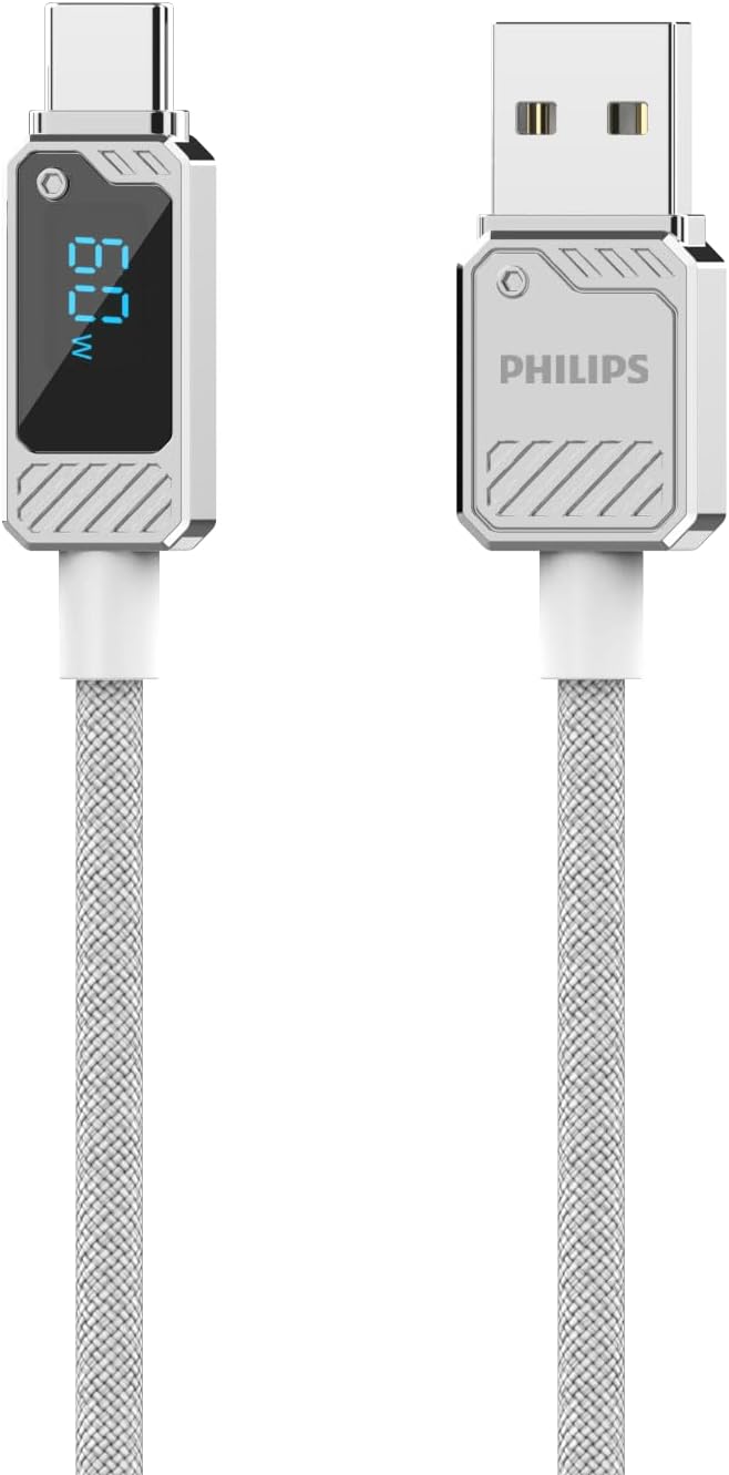 DLC5011A USB-A - Type-C Şarj Kablosu, 60W, Hızlı Şarj, 6A Yüksek Akım, 1 Metre, Naylon Örgülü, Dijital Göstergeli (Beyaz)