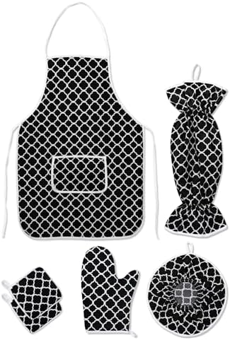 6 Parça Mutfak Seti & Mutfak önlüğü, Fırın Eldiveni, 2li Tutacak, Organizer Poşetlik, Demlematik Siyah