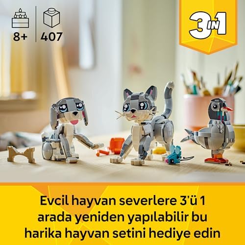 Creator 3’ü 1 Arada Oyunbaz Kedi 31163-8 Yaş ve Üzeri Çocuklar için Köpek veya Güvercin Figürüne Dönüşebilen Oyuncak Yapım Seti, Doğum Günü Hediyesi (407 Parça)