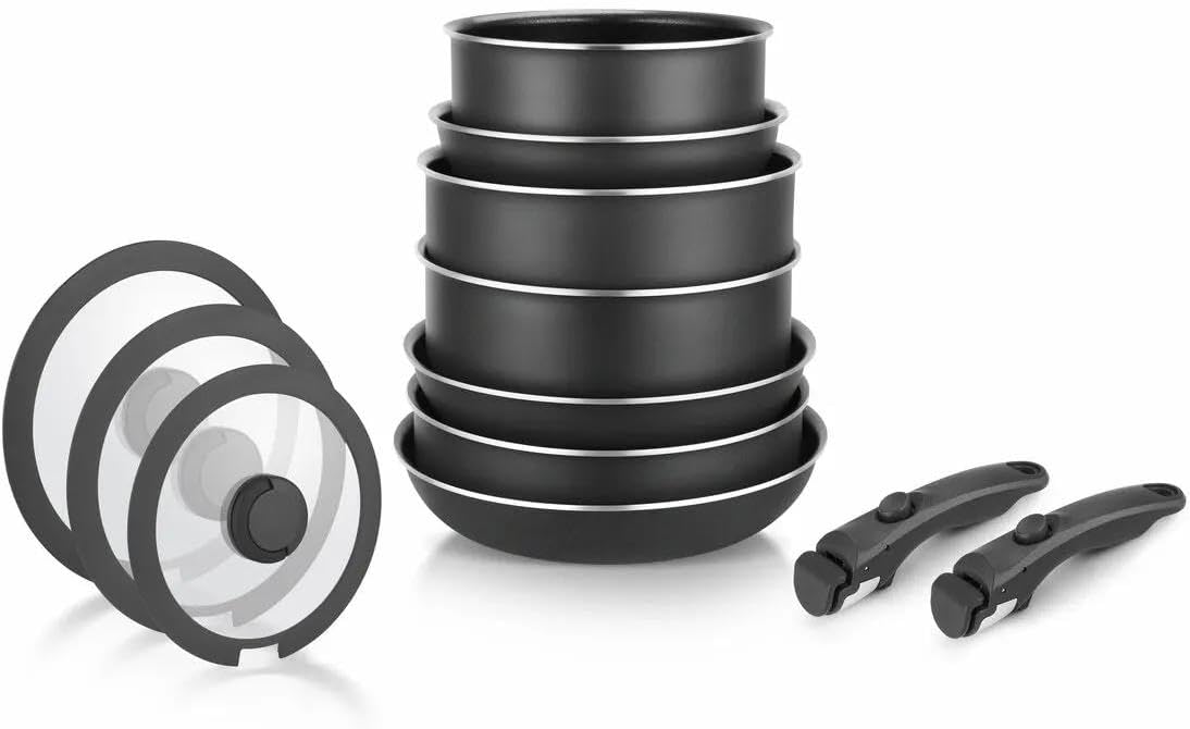 All-In-One Titanium 12 Parça Set: 20-24Cm Derin & 24-26Cm Sığ Tencere 22-26-28Cm Tava 20Cm-24Cm-26Cm Cam Kapak 2 Adet Özel Sap