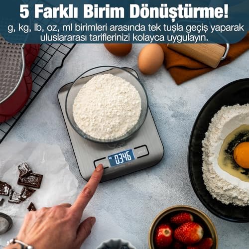 Dijital Mutfak Terazisi - Paslanmaz Çelik Yüzeyli Hassas Mutfak Tartısı - Dara İşlevi, LED Ekran, 5 Birim Dönüştürme ve Otomatik Kapanma Özellikli - 5 kg Tartı Kapasitesi