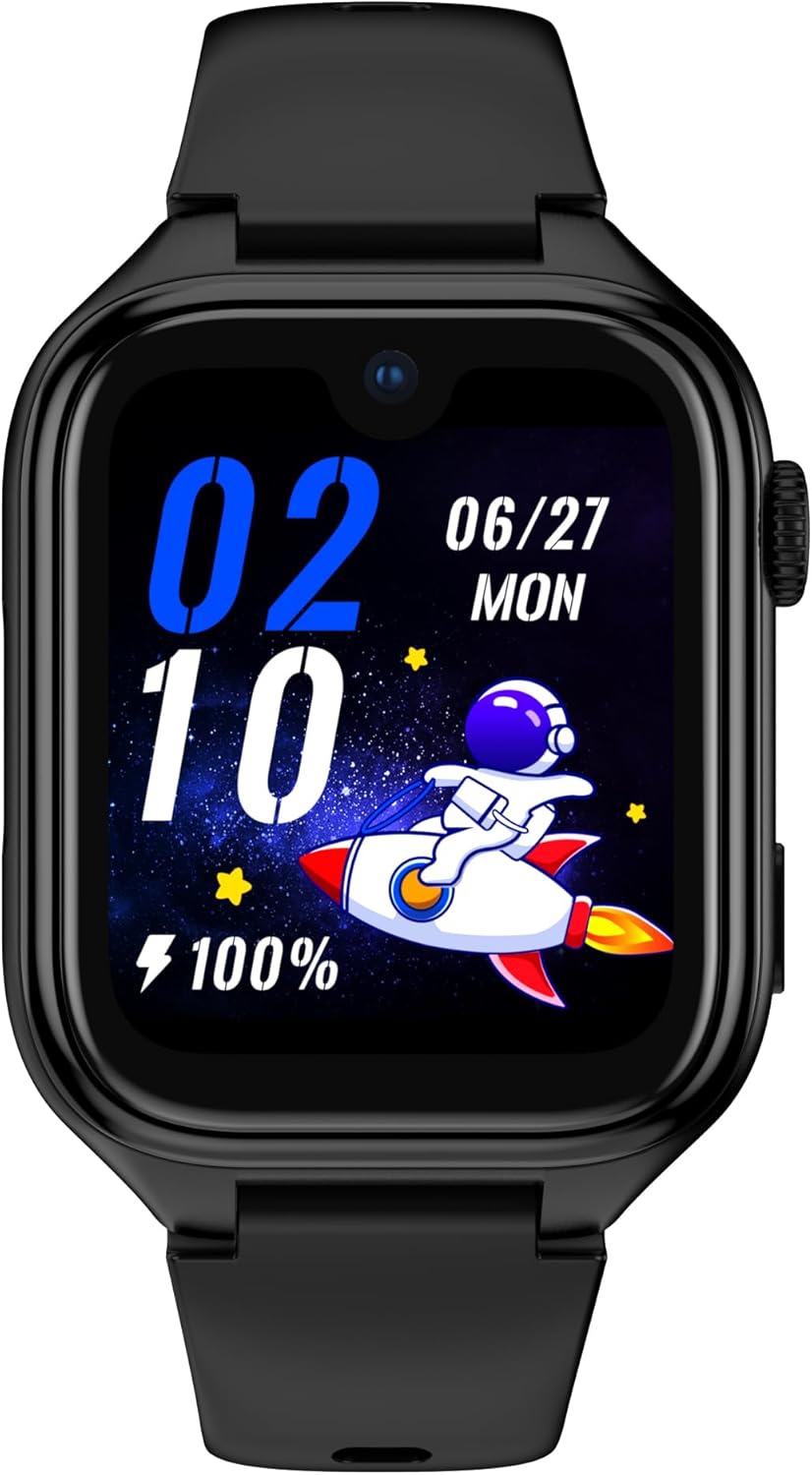 Tiger Kids Akıllı Çocuk Saati, Görüntülü Görüşme, AMOLED Ekran,, S, 5MP Kamera, IP68 Su Geçirmez, Uzun Pil Ömrü, SOS, Dokunmatik Ekran, 4G, Silikon Kayış, Siyah