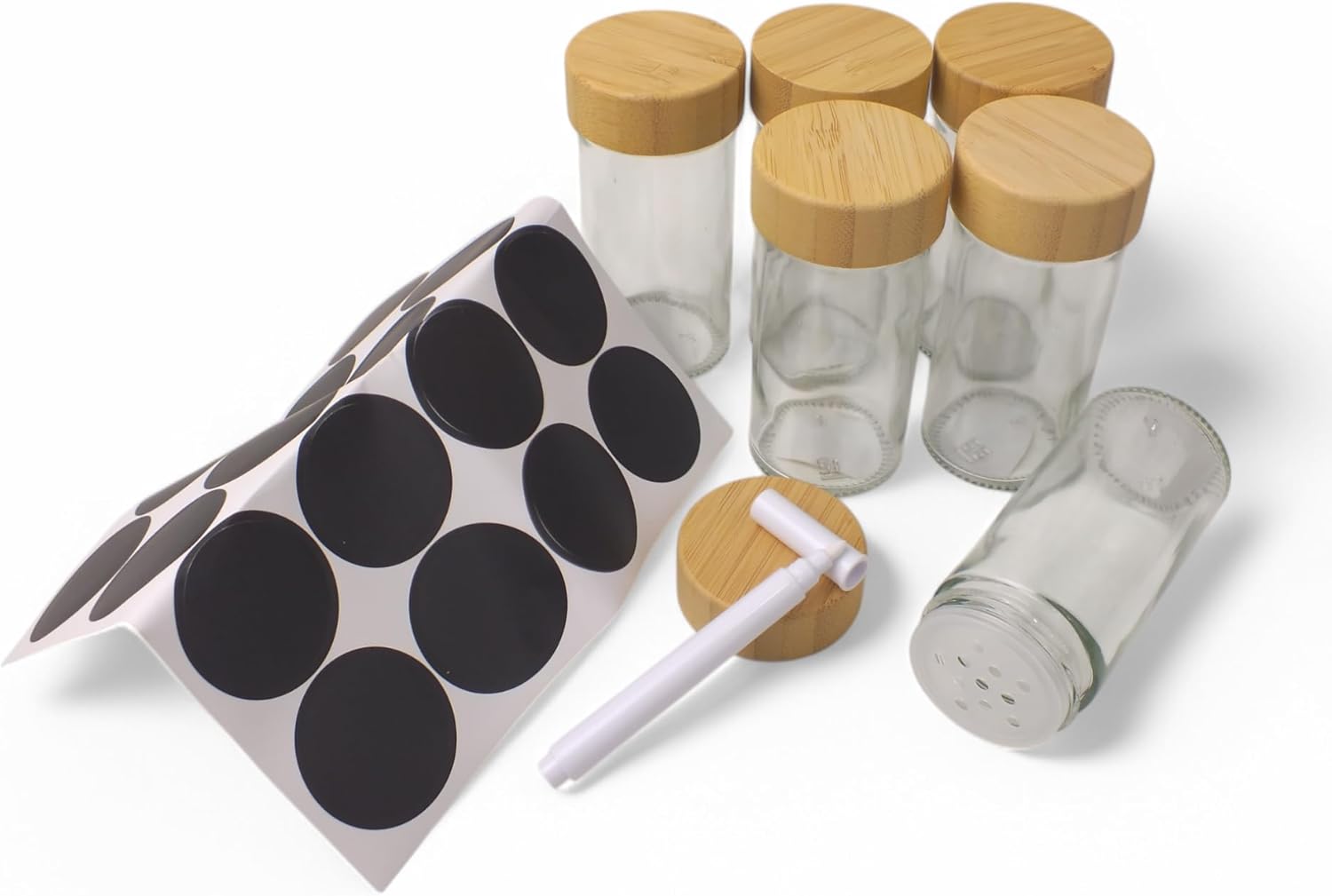 6'lı Etiketli ve Beyaz Kalemli Baharat Cam Kavanozlar, Baharatlarınızı Ayırabileceğiniz Etiket, Kalem ve 6 Adet Cam Baharatlık (Yuvarlak) 6 Adet Baharatlık, 6'lı Set