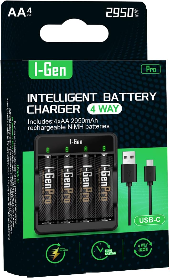 G429 4'lü Pil Şarj Aleti + 4 Adet AA Pro 2950 mAh Şarjlı Pilli Set