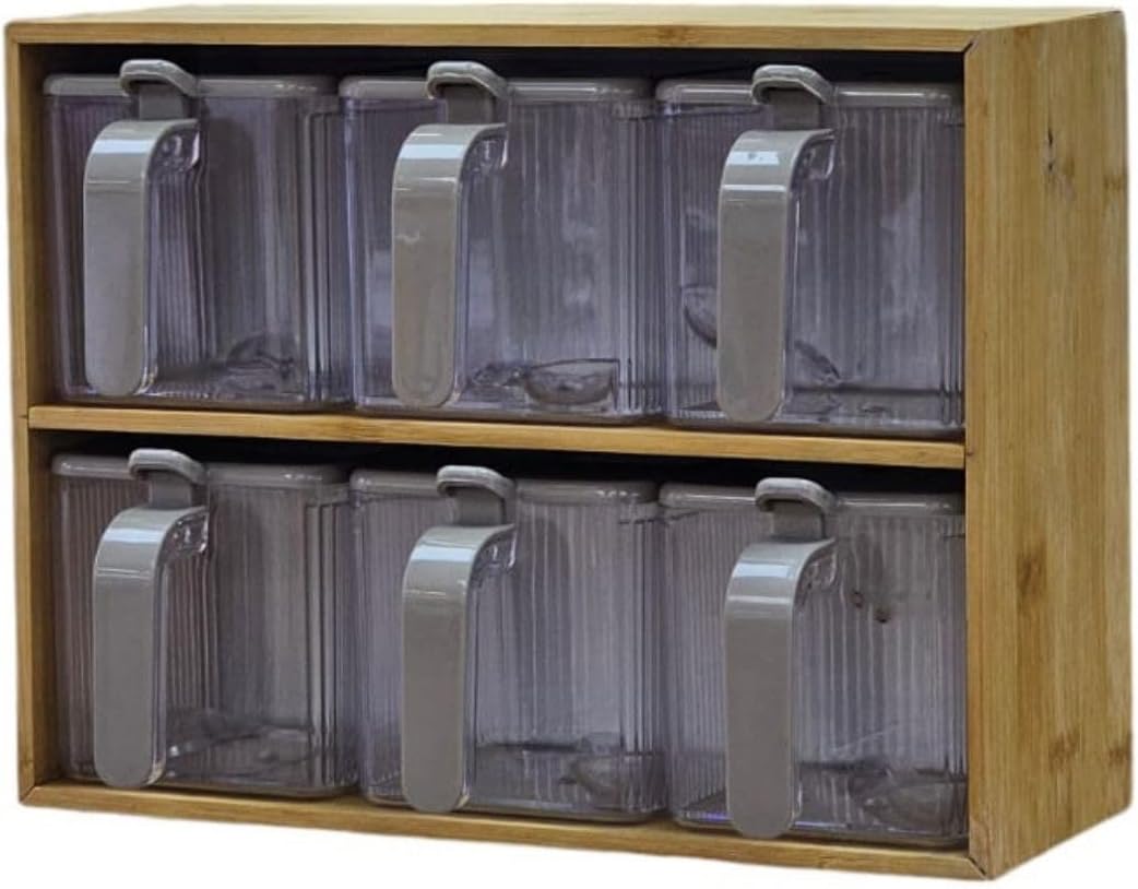 Bambu Standlı 6'lı Baharatlık Seti Takımı Kaşıklı 13 Parça Pratik Saklama Kabı