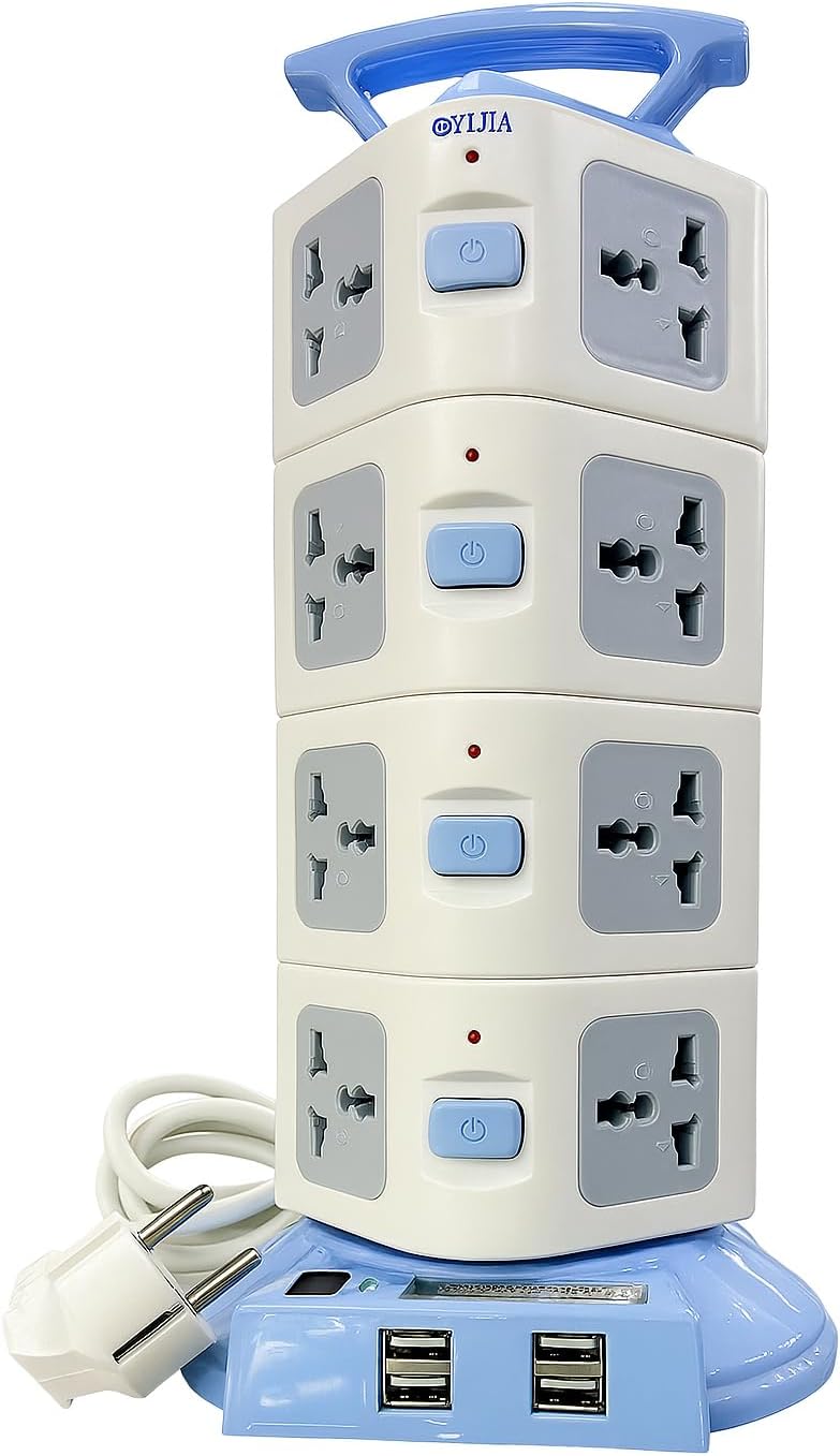 Evrensel 16 Girişli Kule Tipi Priz Adaptör, 4 USB Portlu, 250V, 2500W/4000W, Tip G & Tip C Uyumlu, Amerikan, Avrupa, İngiliz ve Güney Afrika Fiş Uyumu, Seyahat, Ev ve Ofis Kullanımı