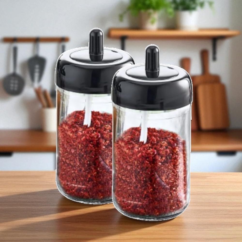 2'li Cam Baharatlık Seti, Kendinden Kaşıklı, Kaşıklı Kapak, 300ml, 2 Adet, 14cm Yükseklik