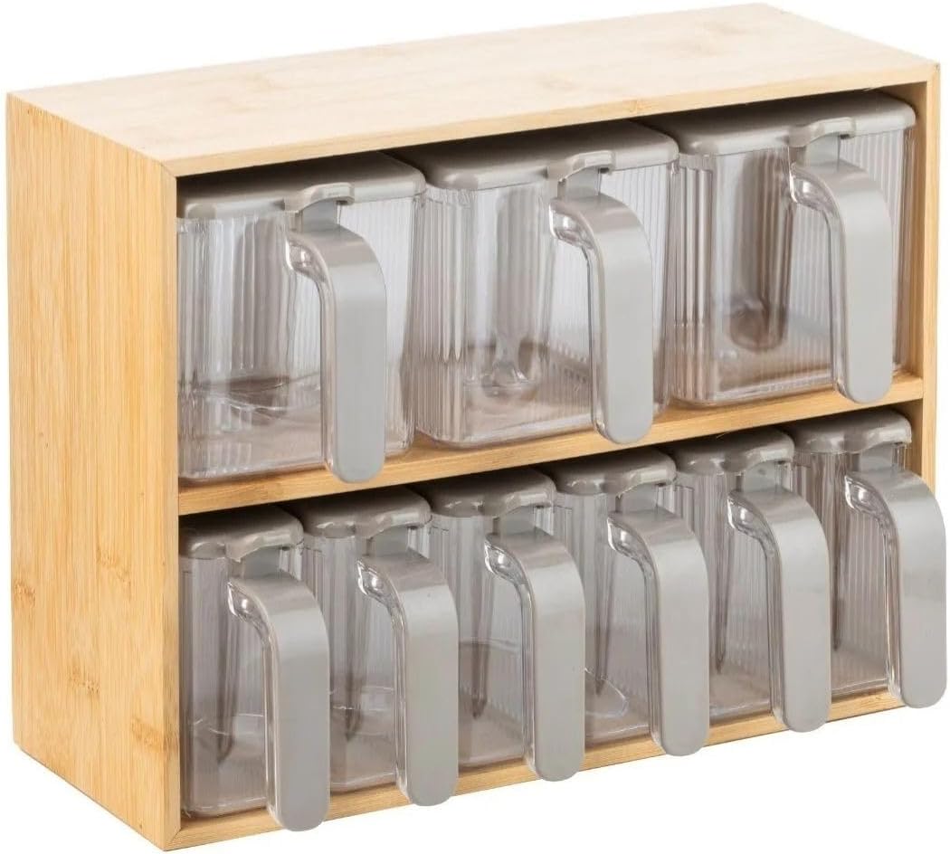 Bambu Standlı 9'lu Baharatlık Seti Takımı Kaşıklı 19 Parça Pratik Saklama Kabı