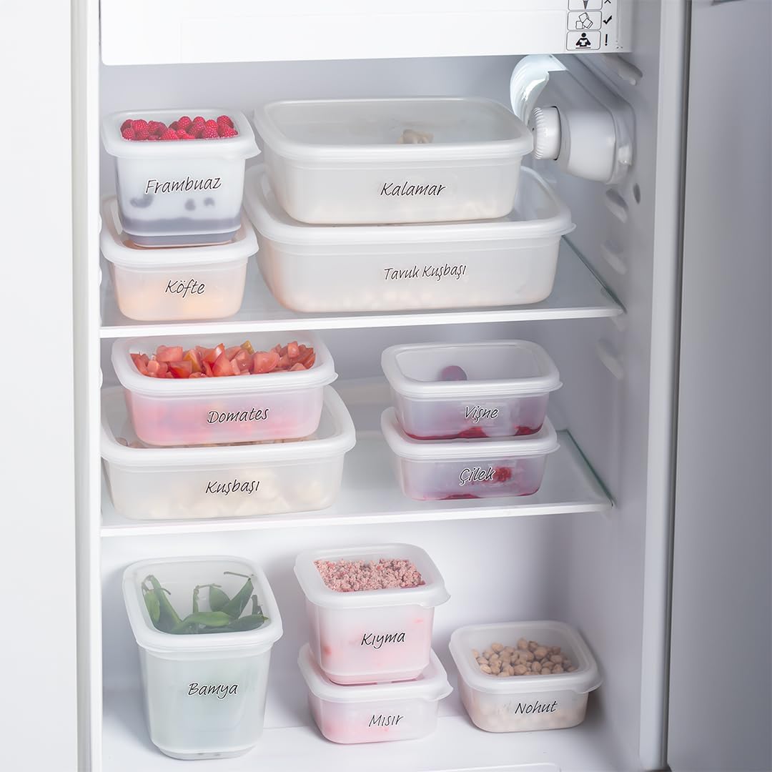 1126 12'lı Etiketli No Frost -25°C Derin Dondurucu Mikrodalga Yiyecek Erzak Saklama Kabı Seti Beyaz