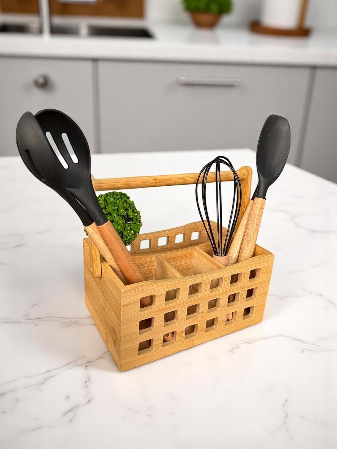 4 Bölmeli Saplı Bambu Çatal Bıçak Sepeti Organizer Kalemlik Çok Amaçlı Sepet 23x15 cm