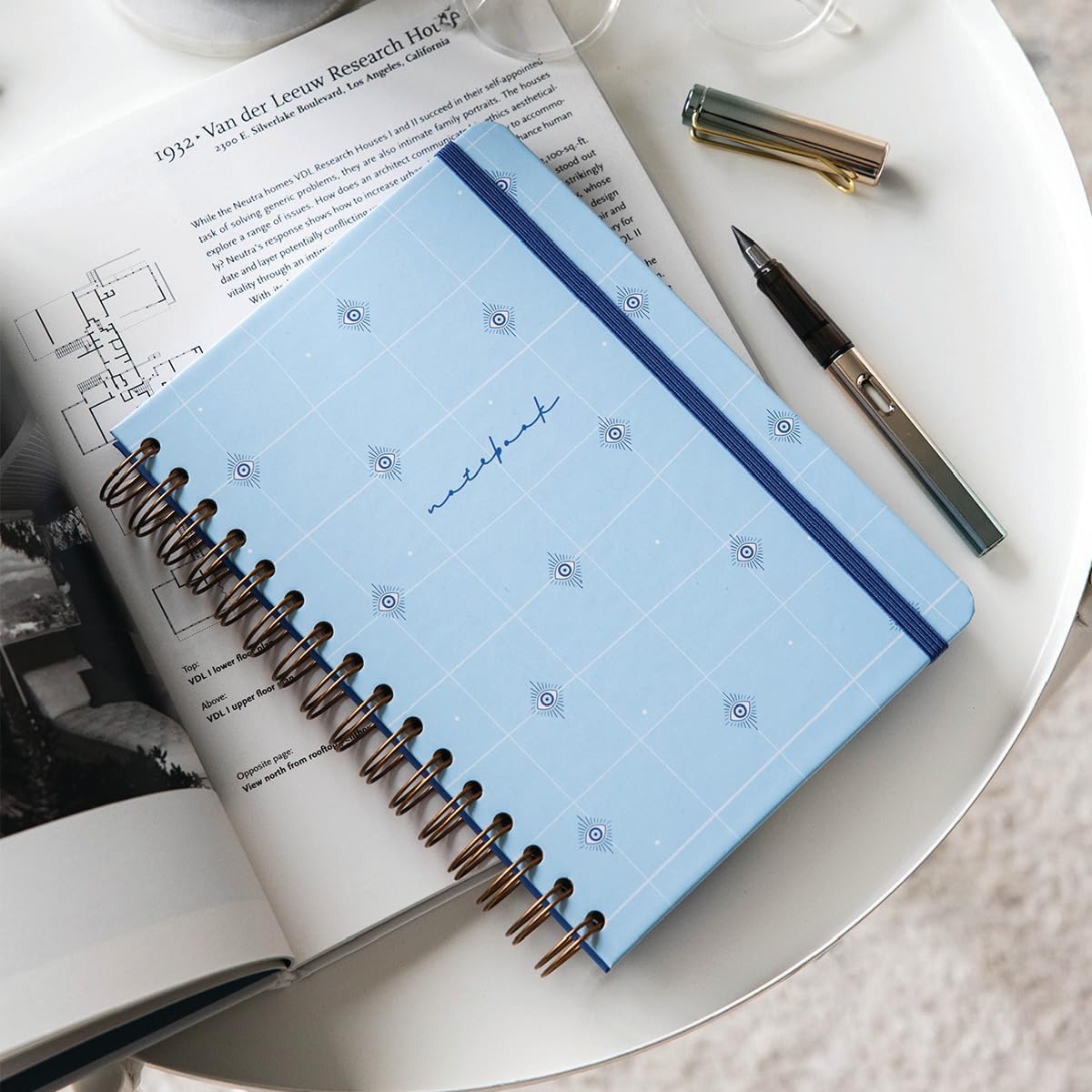 Paperora A5 Spiralli Sert Kapak Lastikli Kareli Not Defteri Mavi Nazar