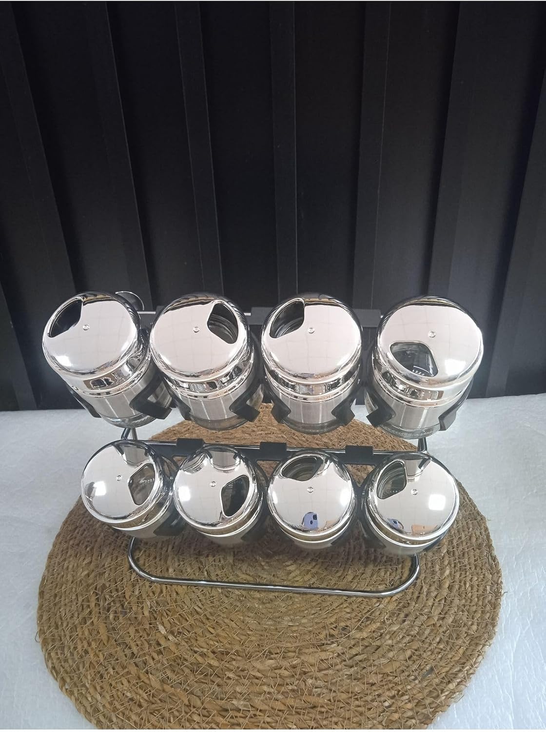 Çelik Standlı Baharatlık 9 Parça Cam Çelik Baharat Seti