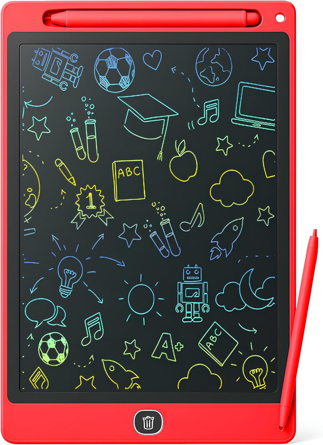 10 İnç Renkli LCD Yazı Tableti - Kırmızı - Çocuklar İçin Eğitici Çizim Tableti, Silinebilir Ekran, Kağıt Tasarruflu Taşınabilir Not Defteri (3+ Yaş)