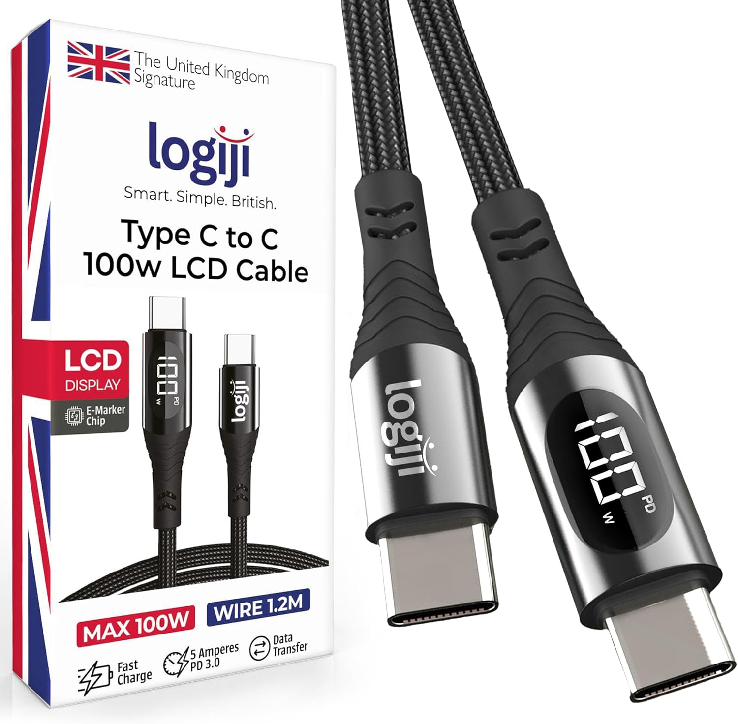 100W Type-C to Type-C Dijital LED Ekranlı Göstergeli Hızlı Şarj Kablosu E-Mark Çipli, Dayanıklı Örgülü, 1.2m, USB-C PD 3.0, 15 16,17 Telefon, Laptop Tablet Uyumlu