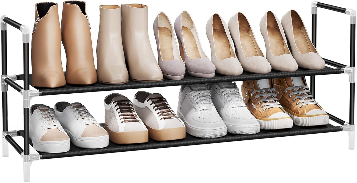 2 Katlı Raf, Antre Dolabı İçin Ayakkabı Saklama Çözümü, İnce ve Yer Tasarrufu Sağlayan, Metal Çerçeve, Dokuma Olmayan Kumaş Raflar, Siyah Lsh052B01