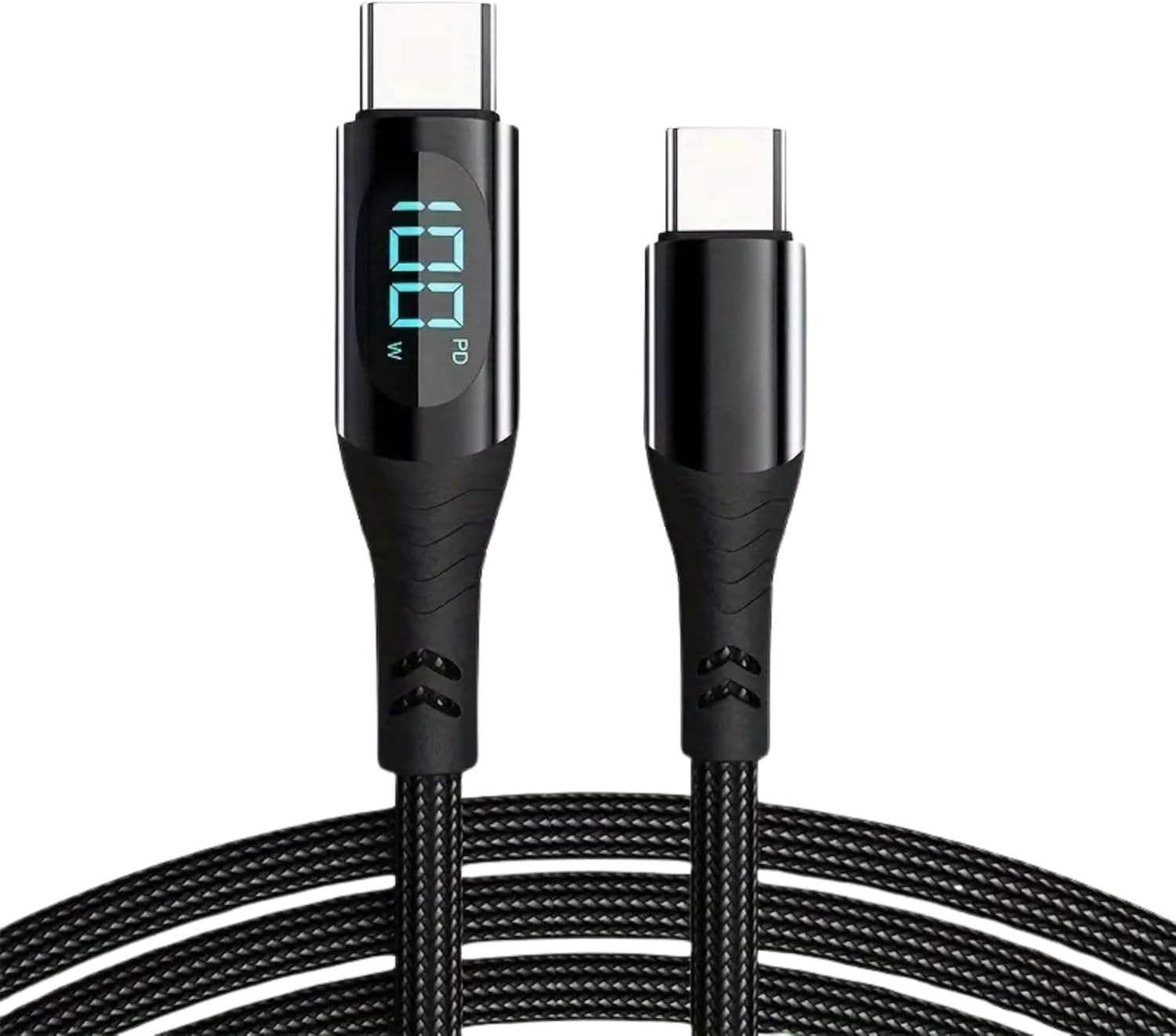 100W Type-C Dijital Göstergeli Şarj ve Veri Kablosu, Örgülü, 1.2 Metre, Siyah