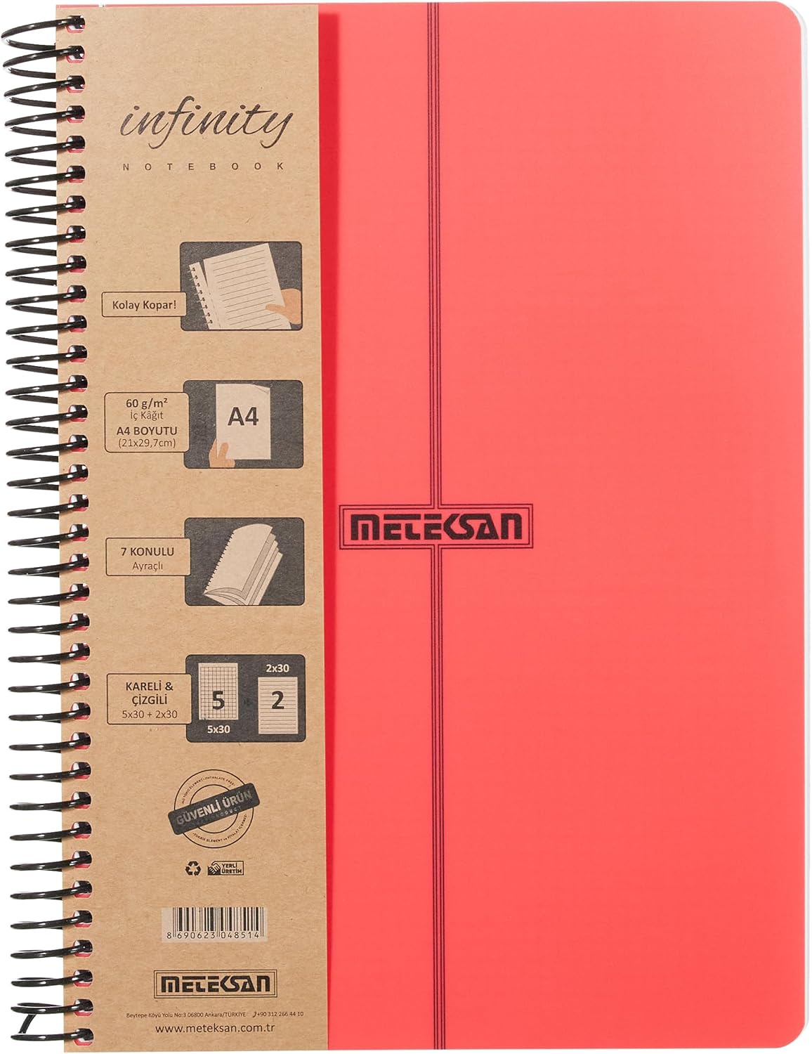 Primary Serisi, A4, 7 Konulu (5 Kareli, 2 Çizgili) 210 Yaprak PP Kapaklı Spiralli Defter, Kırmızı