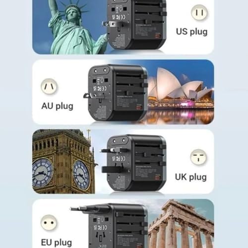 Seyahat Priz Dönüştürücü Adaptör, 25W Şarj Cihazı, 1x Usb Girişi, 2x Type-C Girişi, Uluslararası Güç Adaptörü, US, UK, EU, AU Evrensel Uyum