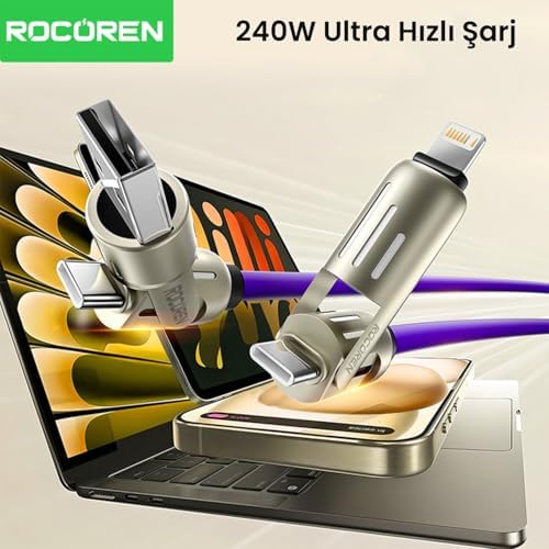 240W 4'ü 1 Arada Type-C/USB-A/Lightning Mor Silikon Şarj ve Data Kablosu 1.2 Metre