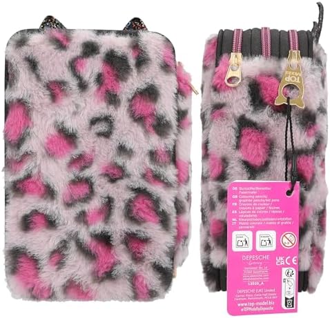 13020 Rebel - Lila-siyah Leo postlu ve kedi kulakları ile doldurulmuş 3 katlı kalem kutusu, renkli kalemler, cetvel, makas vb.