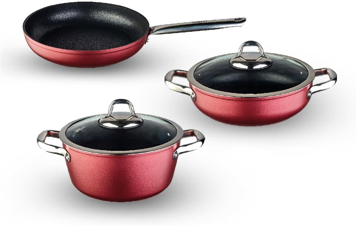 Daily Titanium 5 Parça Set Çelik Sap Metalik Kırmızı (22Cm Derin Tencere + 26Cm Sığ Tencere&Tava)
