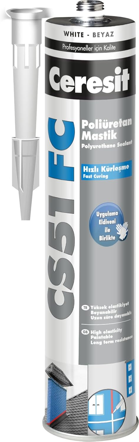 CS 51 FC Poliüretan Mastik, Hızlı Kürleşme, Profesyonel İnşaat İşleri İçin Güçlü Yapışan ve Esnek Dolgu ve Yapıştırma Malzemesi, Beyaz, 1x330 gr Kartuş