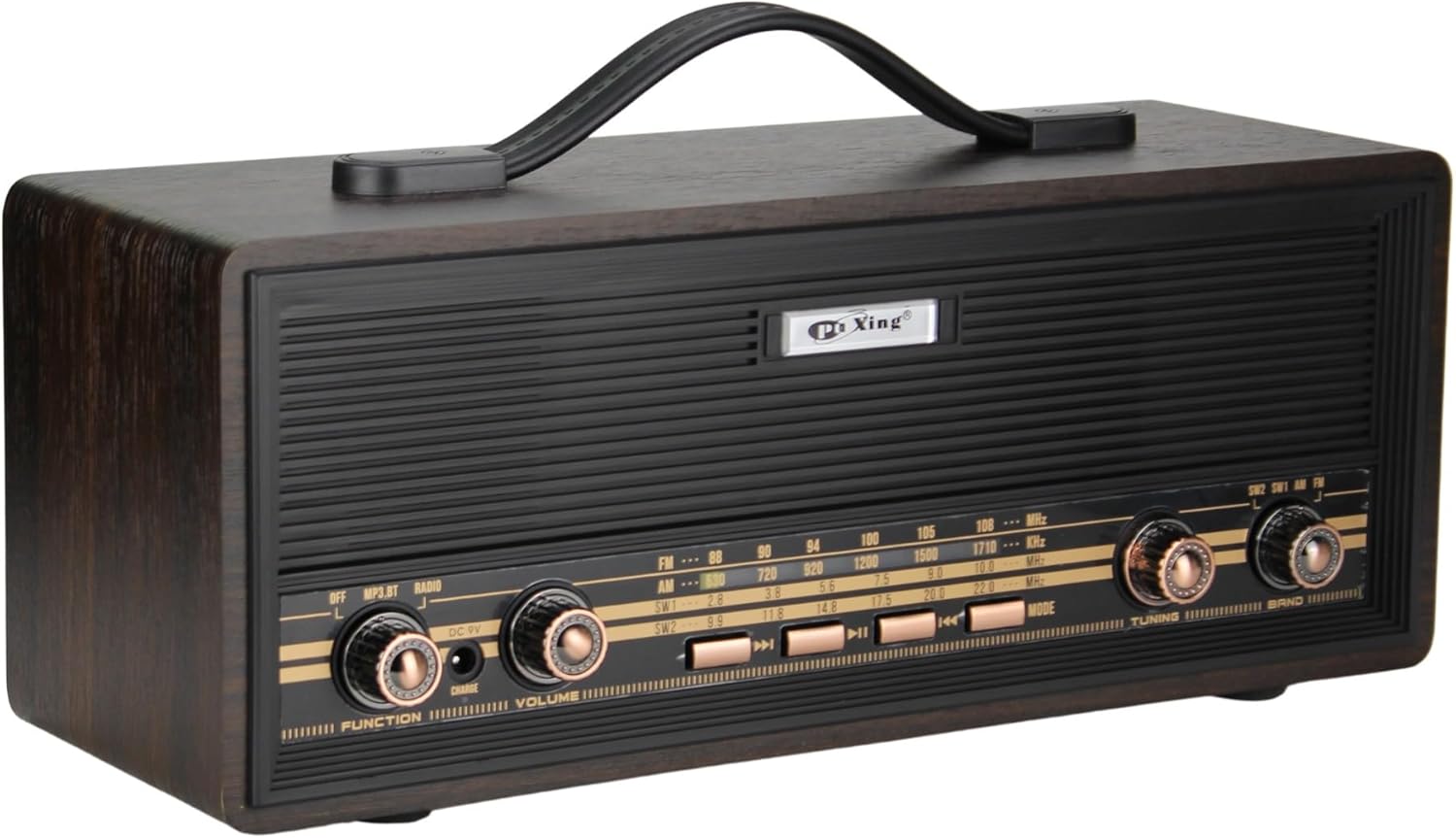 Midi Boy Retro Radyo Bluetooth Destekli Taşınabilir Radyo - FM/AM/SW Frekans, USB/TF Kart Girişli, 2x8W Hoparlör, Şarjlı ve Kablolu Kullanım 35cm x 14cm PX-630BT (PX-630BT - Siyah)