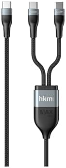 hkm tech DUO POWER 100W Çift Uçlu, Type-C to Type-C + Type-C Şarj Kablosu, Örgü Tasarım, 1.2 metre, Siyah