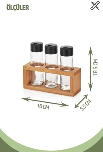 Lima 3lü Baharat Takımı Ahşap Stantlı Baharatlık Siyah Kapak