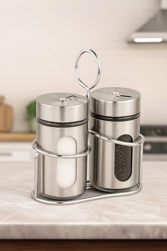 Metal Biberlik ve Tuzluk Seti Standlı Cam Gövdeli Şık Tasarım Mutfak Masası Sunumluk 2’li Takım Metal Taşıma Aparatlı