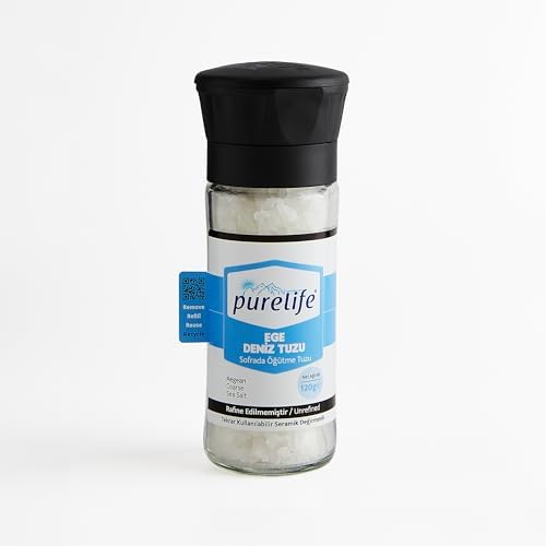 Purelife Deniz Tuzu Sofrada Öğütme Cam Şişe Seramik Değirmenli 120g | Rafine Edilmemiş Doğal Tuz | Gurme Ege Granül Deniz Tuzu | Tekrar Kullanılabilir Ambalaj | İz Bırakmayan Sürdürülebilir Etiket