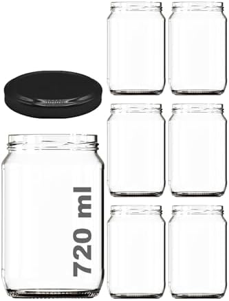 720 ml Şeffaf Kavanoz 720 cc Konserve Metal Siyah Kapaklı Cam Kavanoz 6 Adet