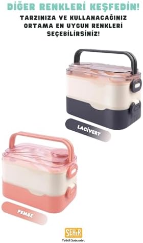 Bento 1350ml Lunchbox 2 Katlı 3 Bölmeli ve Sosluklu Çelik Sefer Tası Yemek Kutusu Çatal Kaşık Hediyeli (Lacivert)