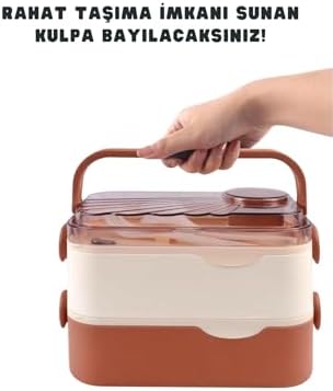Bento 1350ml Lunchbox 2 Katlı 3 Bölmeli ve Sosluklu Çelik Sefer Tası Yemek Kutusu Çatal Kaşık Hediyeli (Lacivert)