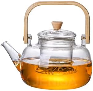 Ahşap Saplı Cam Filtreli Demlik 1000 ml - Dayanıklı Cam Bitki Çayı Demlik