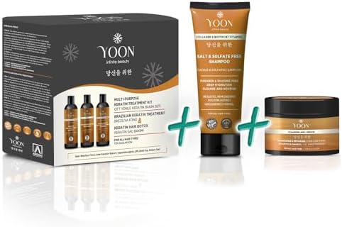 YOON 3'lü Premium Uzun Süren Saç Düzleştirici & Saç Botoksu Kiti, Sülfatsız Tuzsuz Şampuan 250ml, Keratin ve Hyalüronik Asit İçeren Saç Maskesi 250ml, Saç Bakım Seti