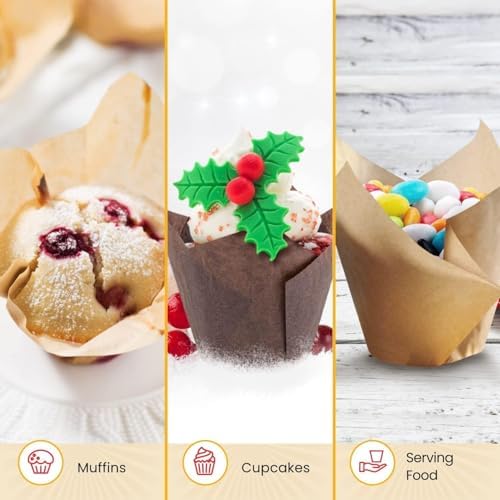 Kek kapları, 150 adet yağ geçirmez kıvrılmayan ve yanmayan kek kalıpları, muffin ve cupcake kapları, düğün, doğum günü ve partiler için ideal (Kahverengi, Doğal Renk, Beyaz)