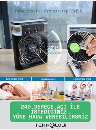 Buzlu Vantilatör Mini Fan 5 Spreyli Su Püskürtmeli 600 ML Buhar Makinesi Nemlendirici Mini Klima Rgb