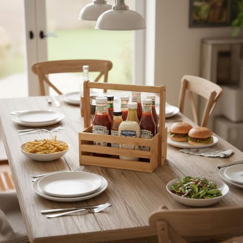 Bambu Masa Üstü Taşınabilir Sosluk ve Peçetelik, Bambu Tezgah Üstü Ketçap,-Mayonez ve Hardallık, Taşınabilir Sosluk (24 * 14.5 * 22cm)