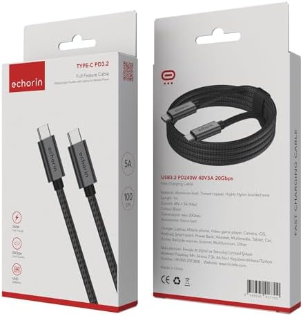 240W, 20 Gbps, 4K 60Hz, USB C'den USB C'ye, Örgülü Hızlı Şarj, Görüntü ve Veri Aktarım Kablosu PD 3.2, 5A, 15, 16, 17, M2 MacBook Pro, Air, iPad Pro ve Galaxy S25, S24, S23 ile Uyumlu