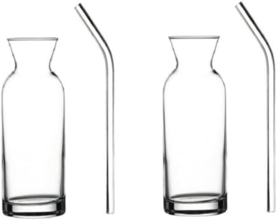 2 Adet Cam Pipetli Limonata Sunum Şişe Karaf Süt Ve Meyve Suyu Bardağı