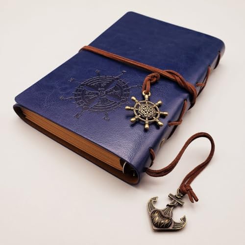 Pusula Baskılı Çapa Ve Dümen Kolye Uçlu Deri Kapaklı Günlük Not Defteri Denizci Defter Özel Tasarım Hediyelik Mavi