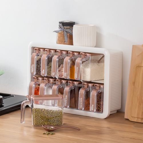 1119 12li Standlı Kendinden Yapışkanlı Kaşıklı Kapaklı Baharatlık Saklama Kabı Seti - Beyaz